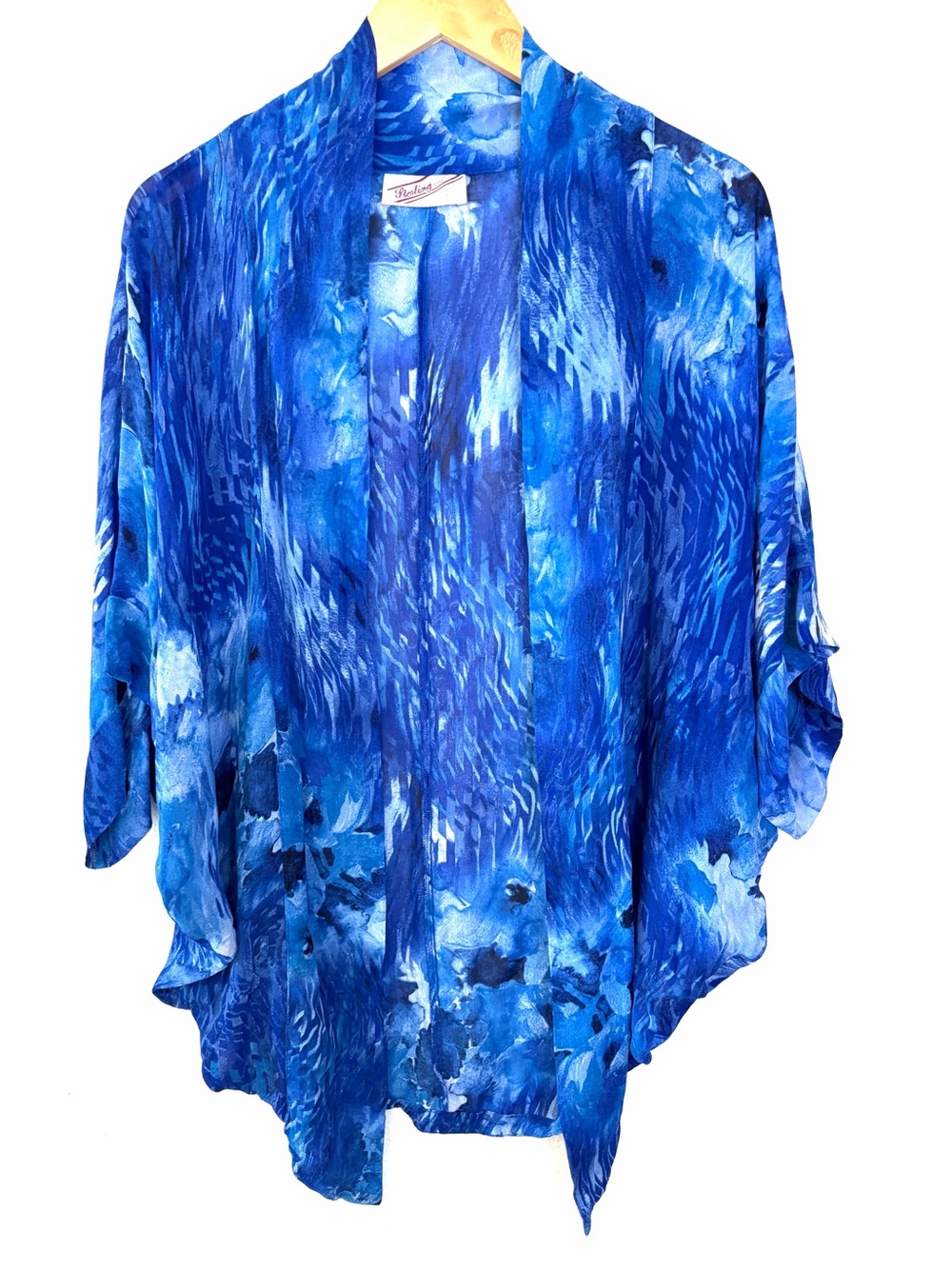 100% silk vintage 80s 90s Blue Floral Open-Front Kimono top Blouse wrap S M